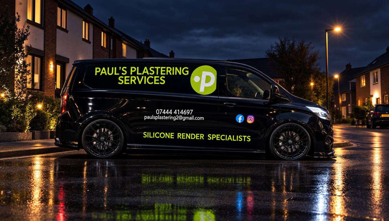 Paul's black van at night, Paul's Plastering Services and the green P logo on the side, Silicone Render Specialists along the bottom